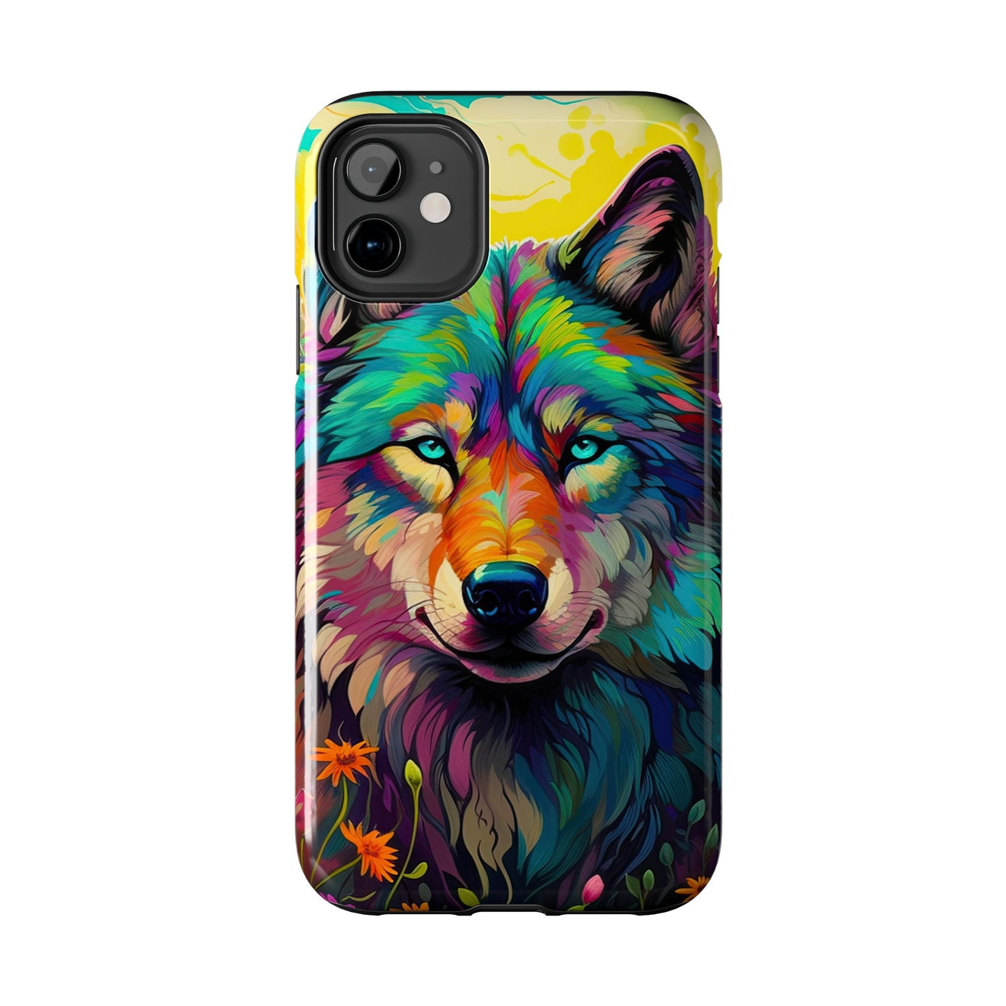 Rainbow Wolf in Bloom – iPhone Case with Vivid Nature Design