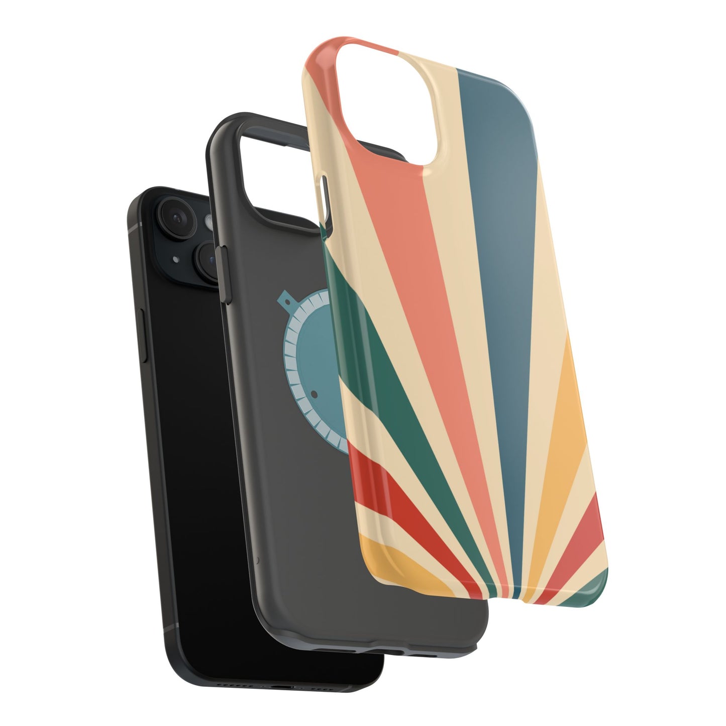 Retro Sunbeam MagSafe iPhone Case – 70s-Inspired Radiating Stripes in Coral, Teal, and Mustard