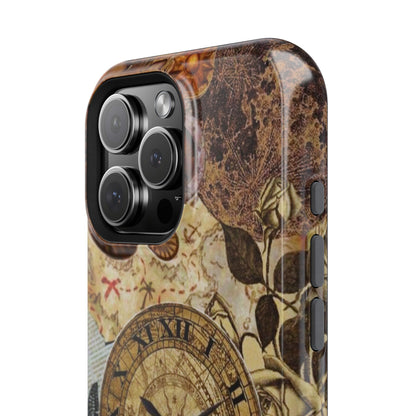 Steampunk Vintage Adventure MagSafe iPhone Case – Dual-Layer Protection with Antique Map and Clock Design