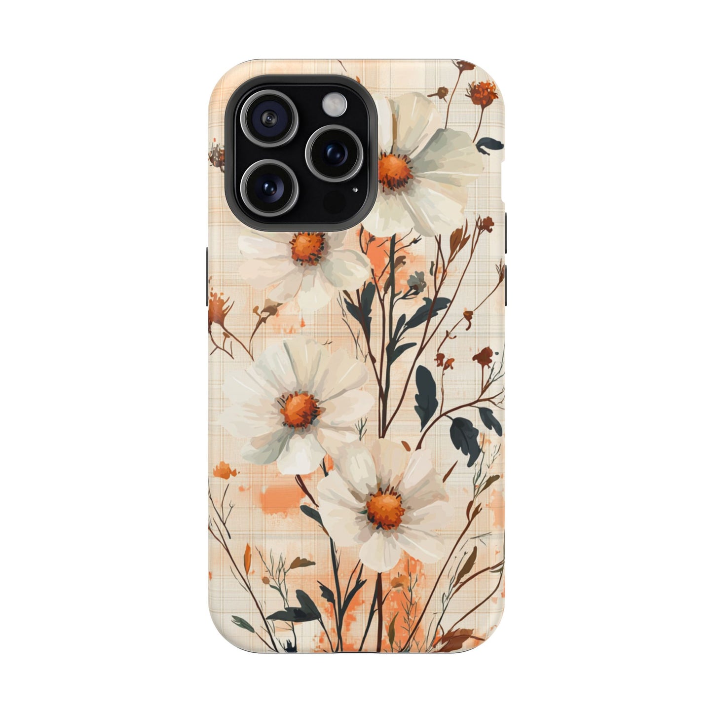 Pastel Orange Floral MagSafe iPhone Case - Elegant Plaid Protective Cover