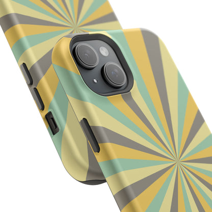 Vintage Sunburst Rays MagSafe iPhone Case – Bold 70s-Inspired Burst in Yellow, Mint, and Gray