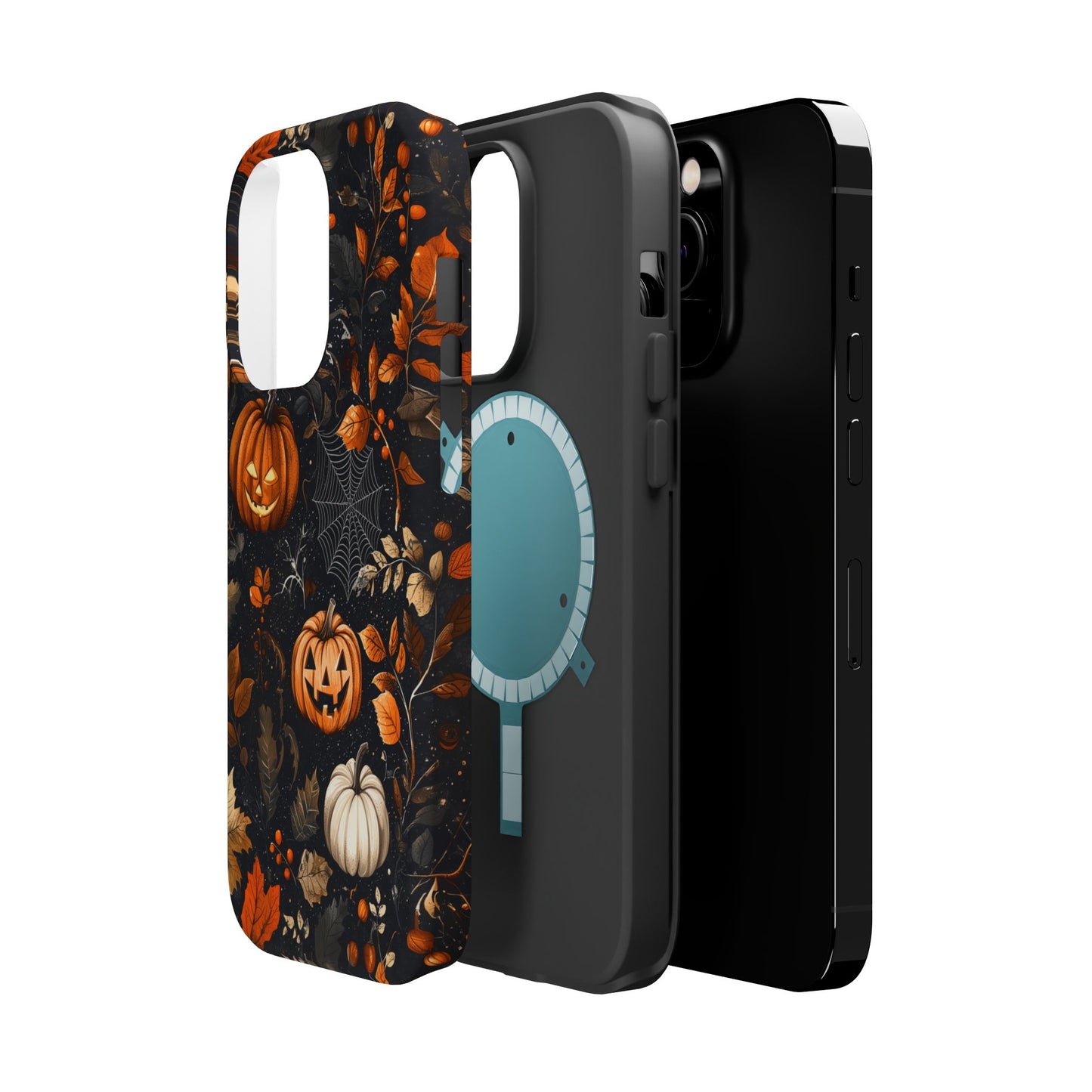 Elegant Halloween MagSafe iPhone Case – Pumpkin Jack-o'-Lanterns, Cobwebs & Autumn Foliage Design