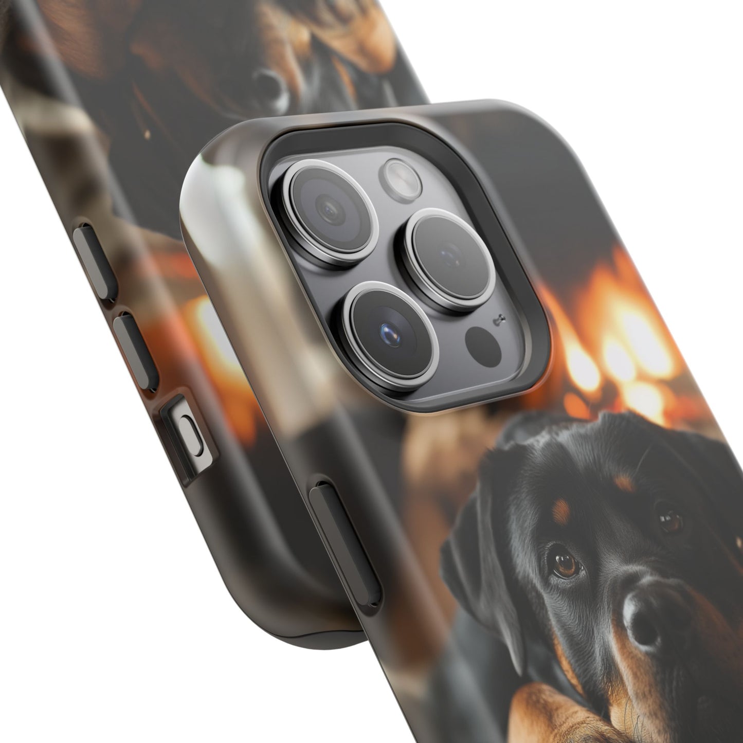 Cozy Rottweiler by the Fireplace MagSafe iPhone Case – Warm Rustic Design