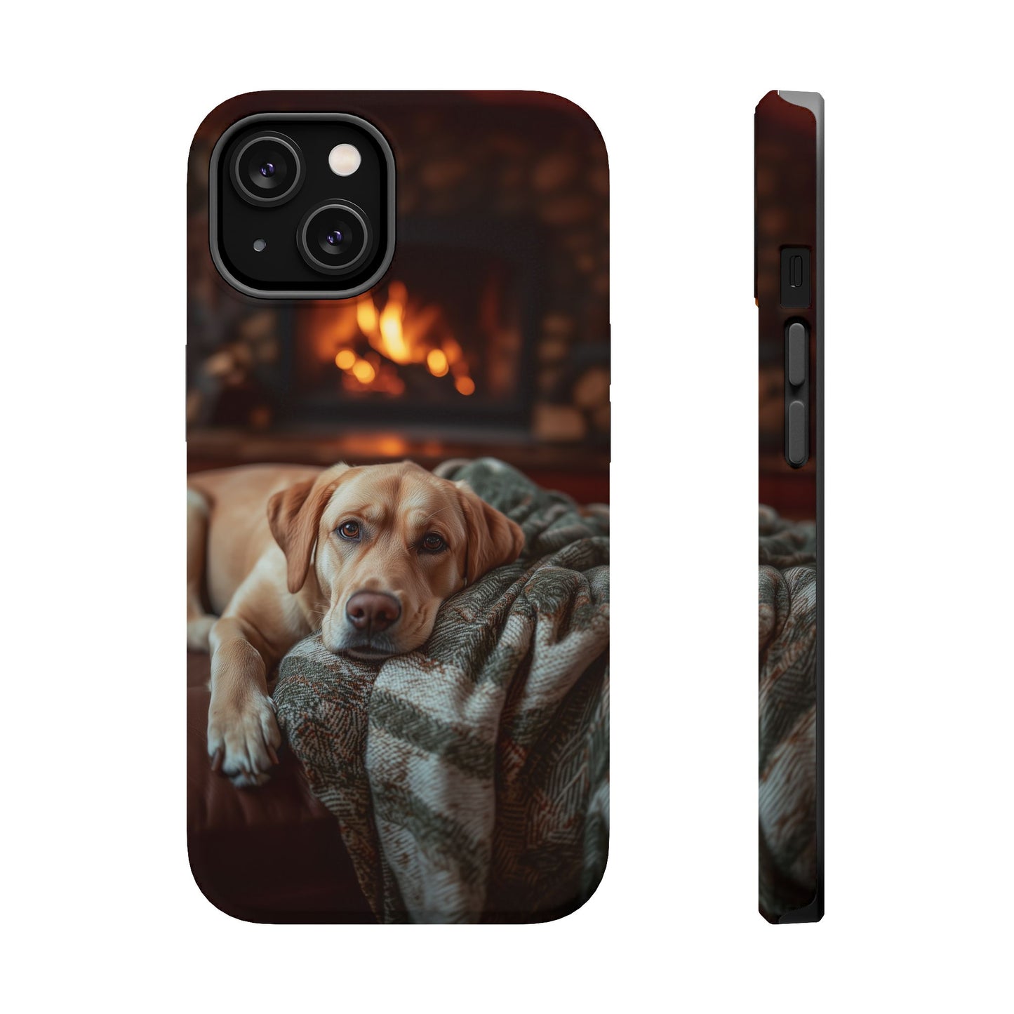 Cozy Labrador by Fireplace MagSafe iPhone Case – Rustic Cabin Protective Cover