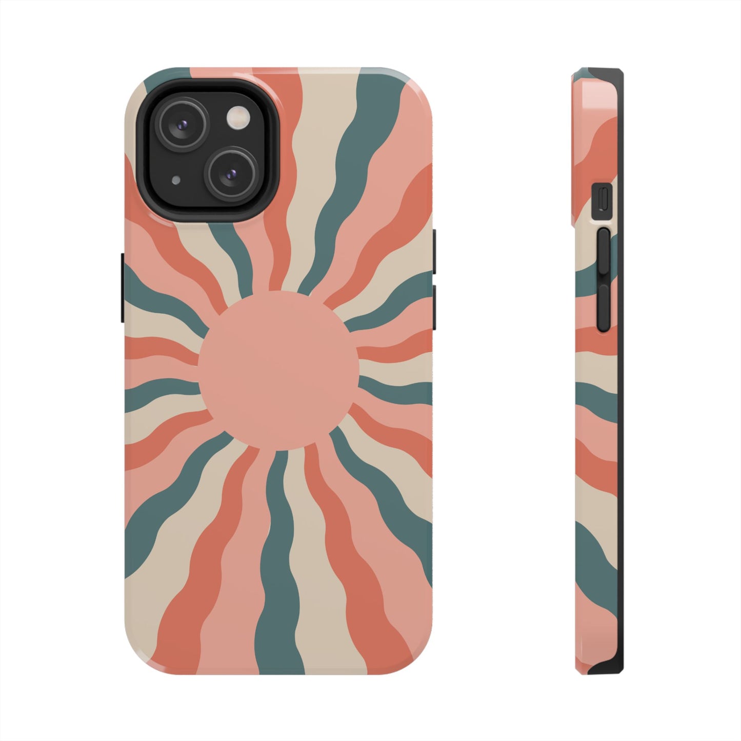 Retro Sunburst iPhone Case – Bold 70s-Inspired Waves in Coral, Teal, and Cream