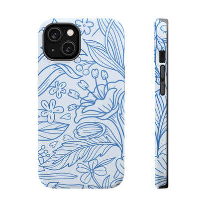 Dusty Blue Floral Line Art Tough MagSafe iPhone Case – Minimalist Botanical Design with Dual-Layer Protection