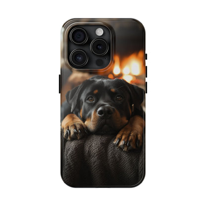 Cozy Rottweiler by the Fireplace iPhone Case – Warm Rustic Design