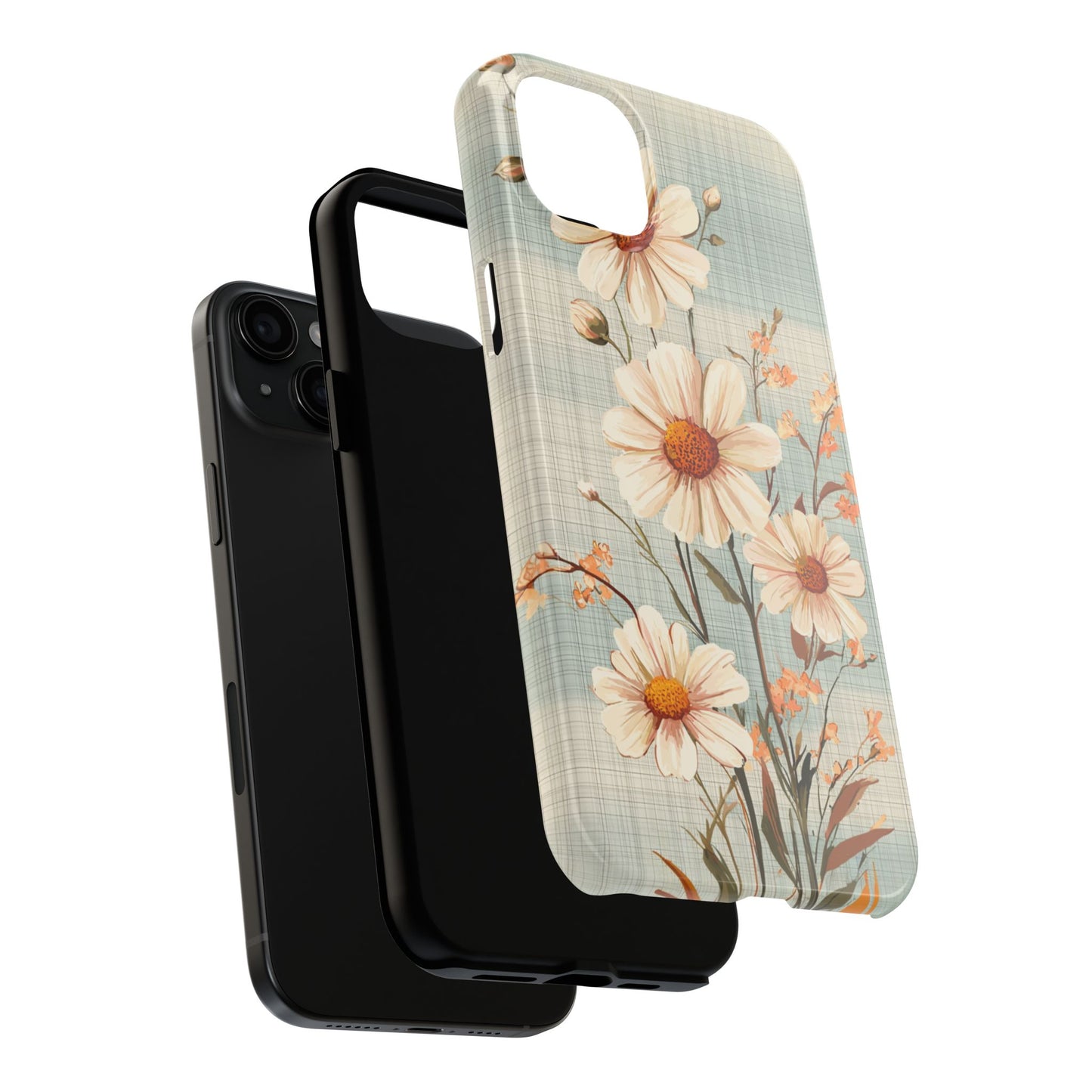 Vintage Plaid & Daisy Floral Tough iPhone Case – Dual-Layer Protection with Retro Flower Design