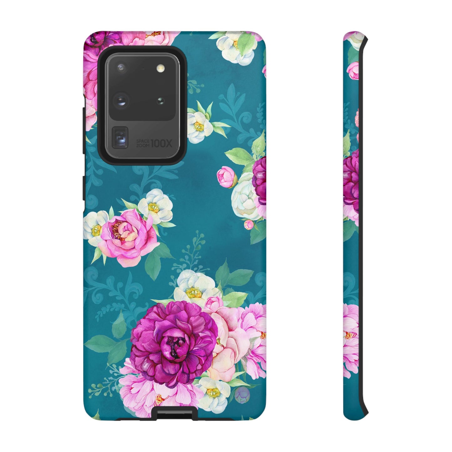 Elegant Peony Bouquet Samsung Galaxy Case – Deep Teal Background with Romantic Floral Design