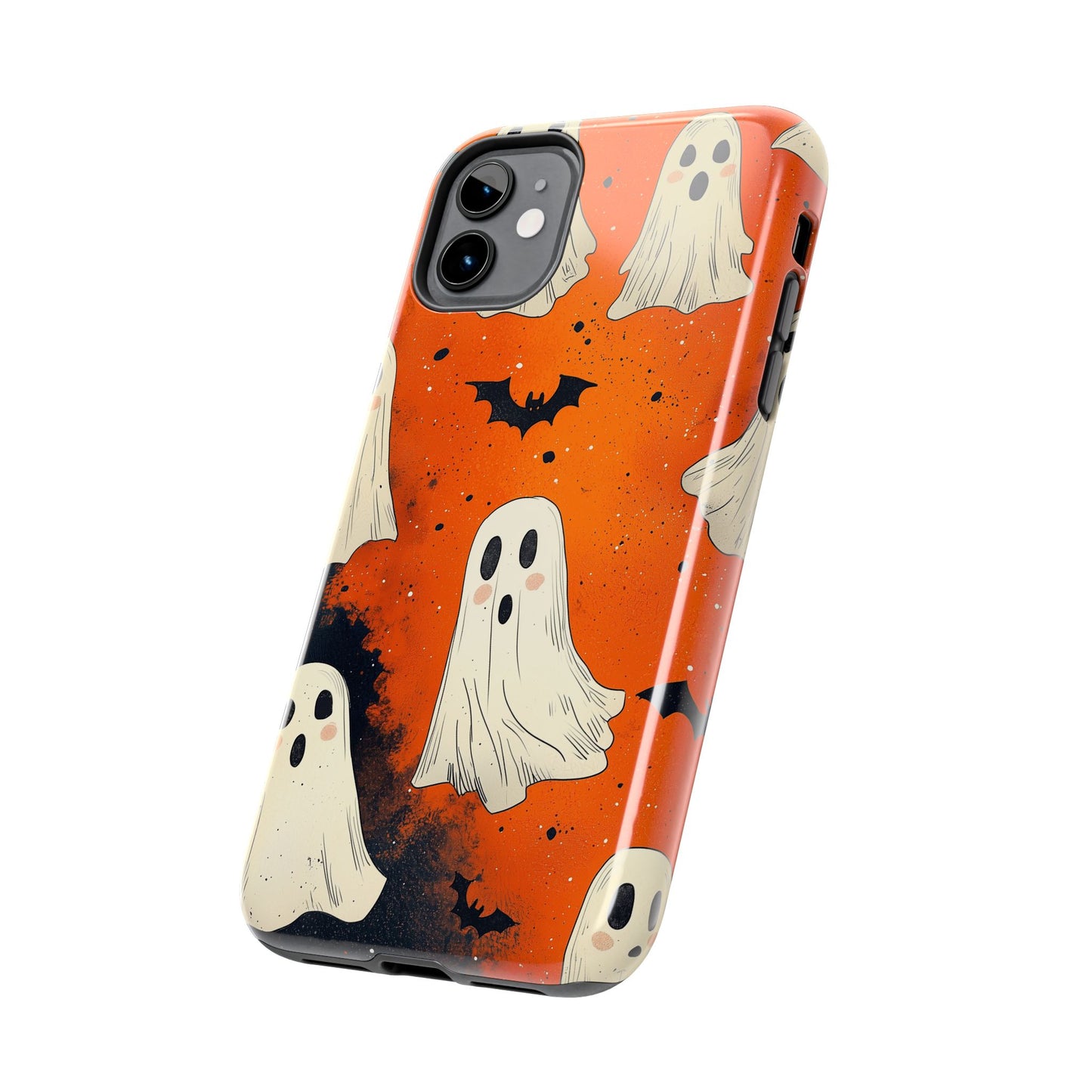 Spooky Ghosts & Bats iPhone Case – Vibrant Orange Halloween Design