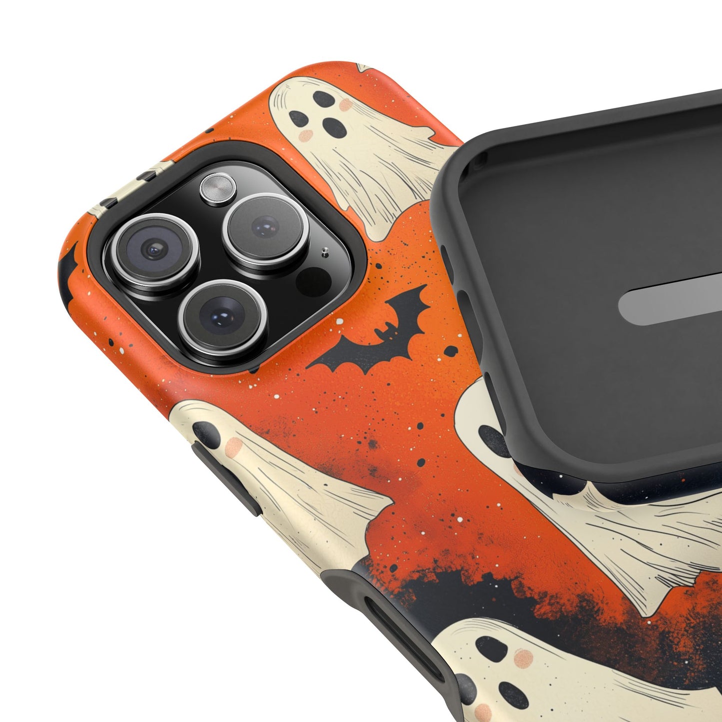 Spooky Ghosts & Bats  MagSafe iPhone Case – Vibrant Orange Halloween Design