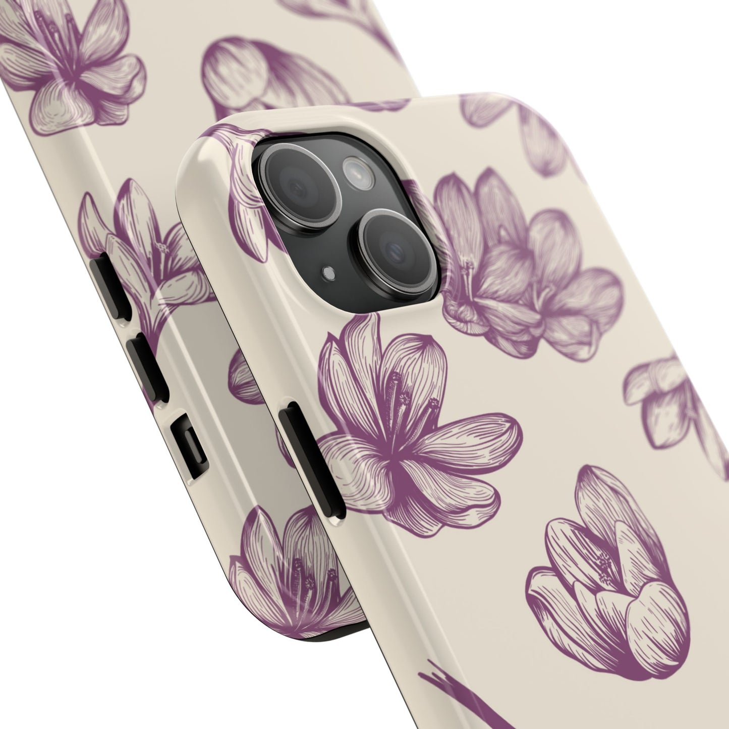 Vintage Botanical Floral Tough iPhone Case – Hand - Drawn Purple Flowers, Shockproof Design - BOGO Cases