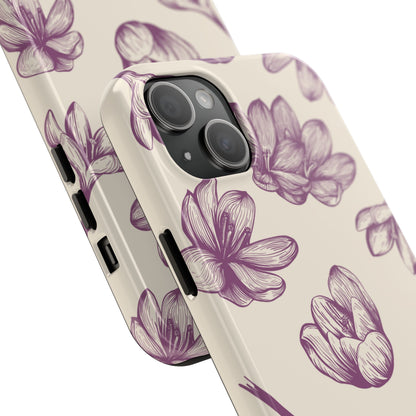 Vintage Botanical Floral Tough iPhone Case – Hand - Drawn Purple Flowers, Shockproof Design - BOGO Cases