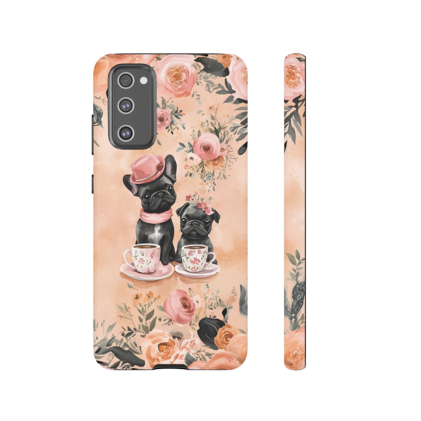 Floral French Bulldogs Samsung Galaxy Case – Elegant Dog Design with Tea Cups & Roses, Shockproof Protection - BOGO Cases