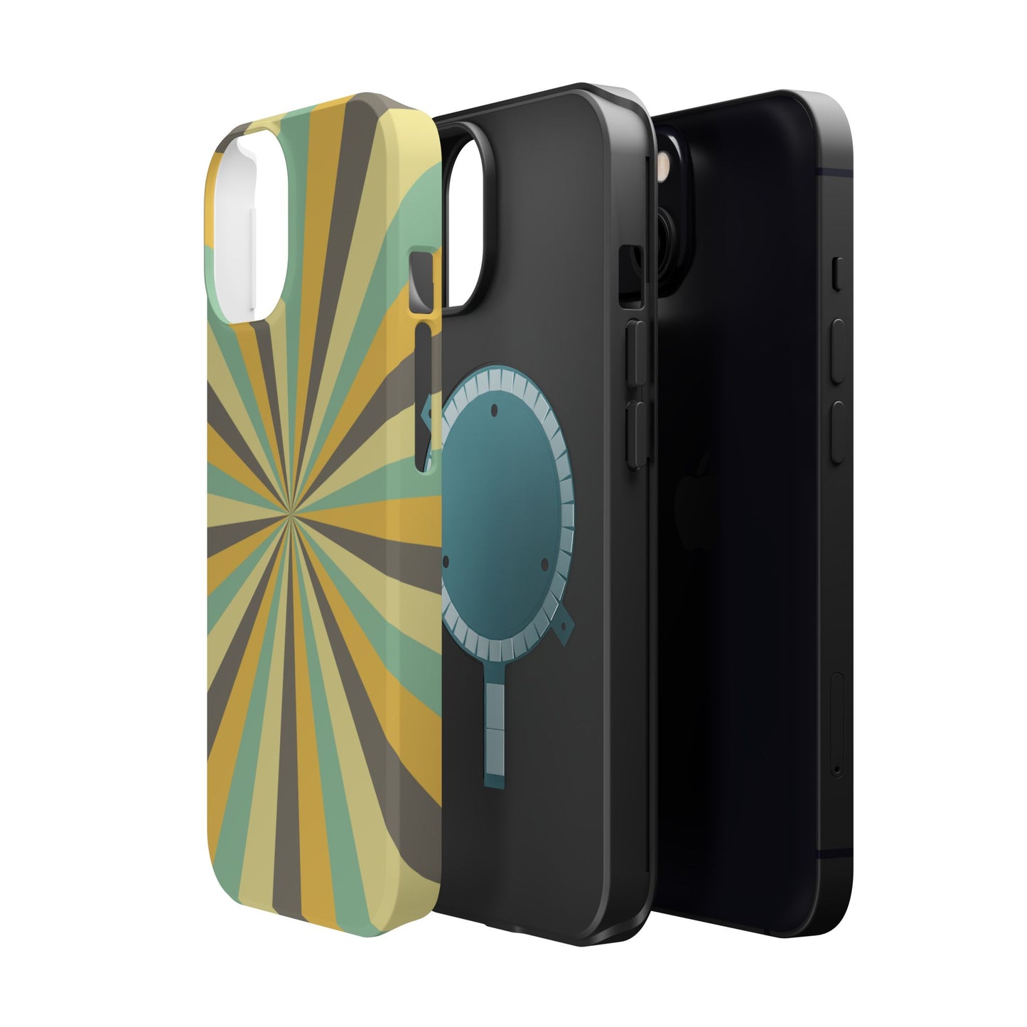 Vintage Sunburst Rays MagSafe iPhone Case – Bold 70s-Inspired Burst in Yellow, Mint, and Gray