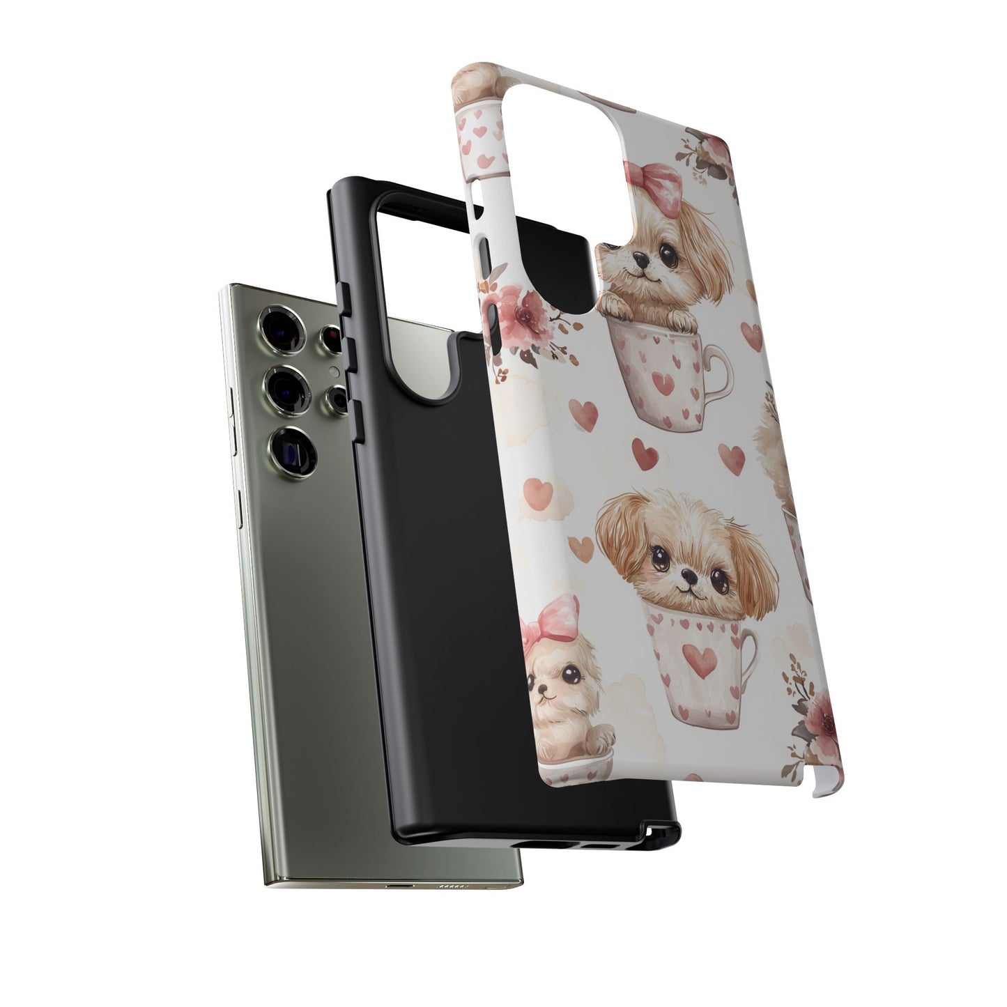 Cute Puppies in Heart Mugs Samsung Galaxy  Case – Adorable Dog & Floral Design, Shockproof & Slim