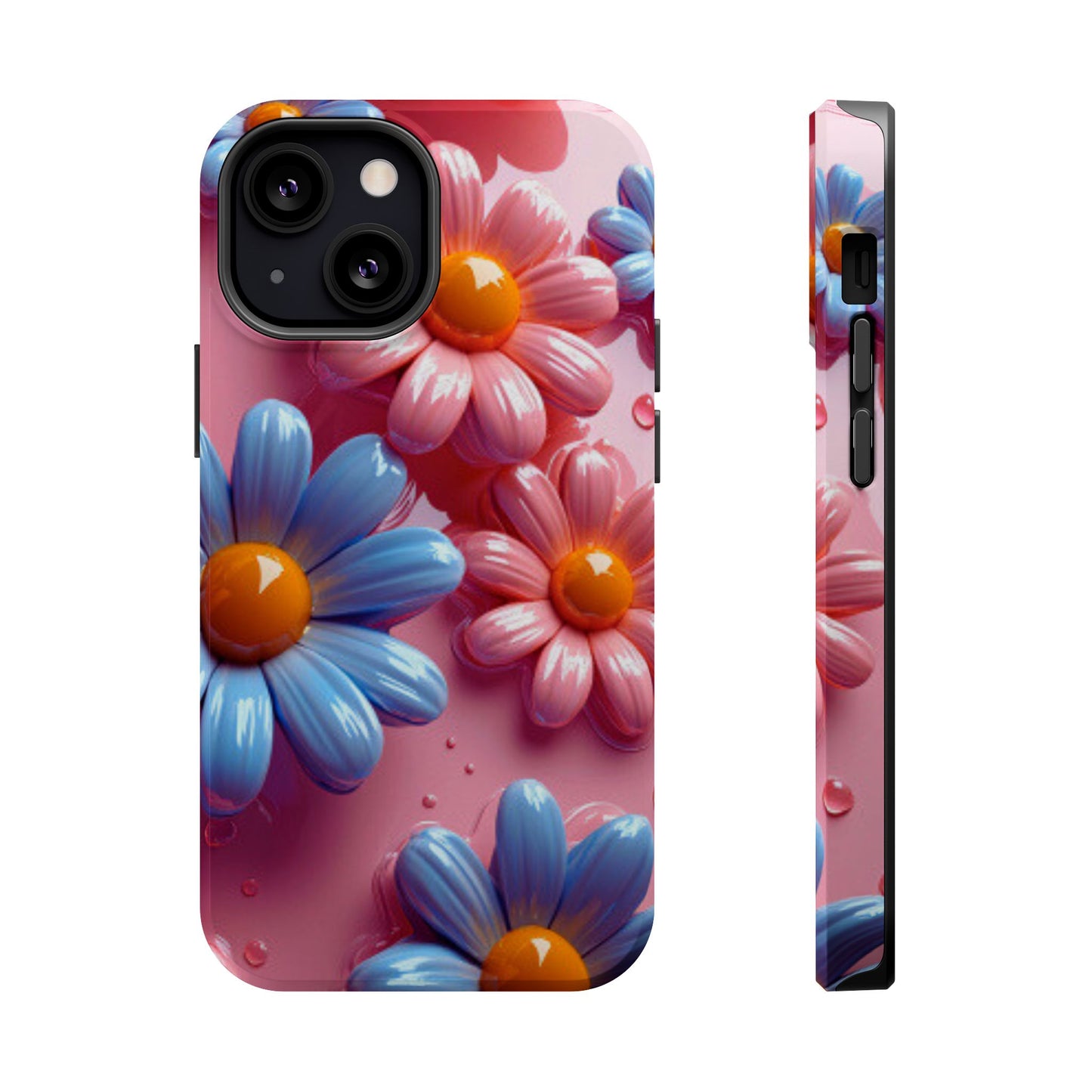 Pastel Daisy 3D MagSafe iPhone Case – Glossy Pink and Blue Floral Design, Full Protection