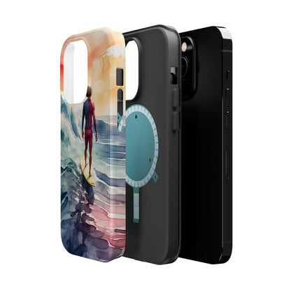 Surfer’s Sunset Wave MagSafe iPhone Case – Vibrant Watercolor Design