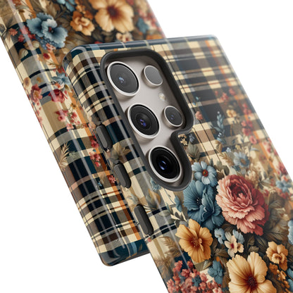 Cute iPhone Samsung Phone Case, Bouquet of Nostalgia, Vintage Styled Checkered Plaid Floral Protective Cover for iPhone, Samsung, & Google. - BOGO Cases