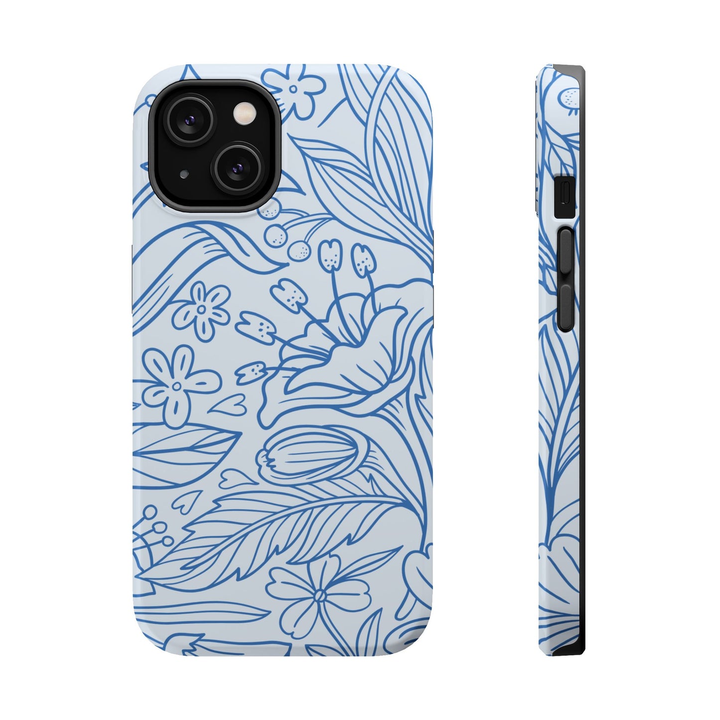 Dusty Blue Floral Line Art Tough MagSafe iPhone Case – Minimalist Botanical Design with Dual-Layer Protection