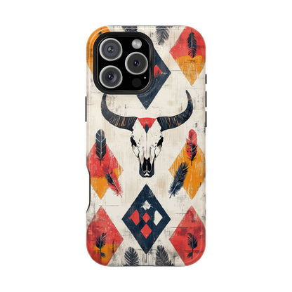 Western Bull Skull & Feathers Tough Mag Safe iPhone Case – Bold Tribal Design, Dual-Layer Protection