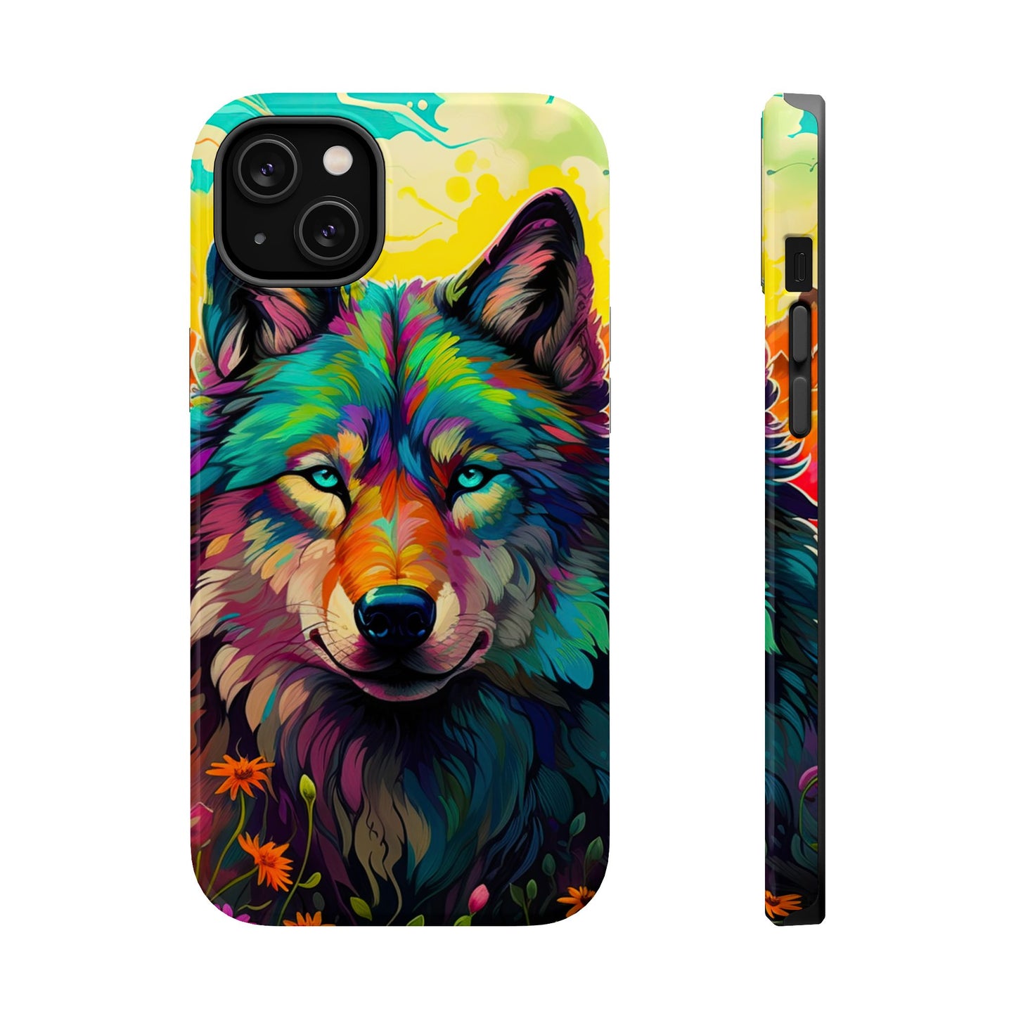 Rainbow Wolf in Bloom – MagSafe iPhone Case with Nature-Inspired Design