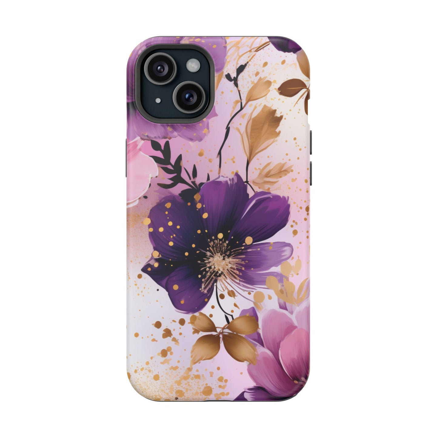 Elegant Purple & Gold Floral MagSafe iPhone Case - Luxe Flower Design