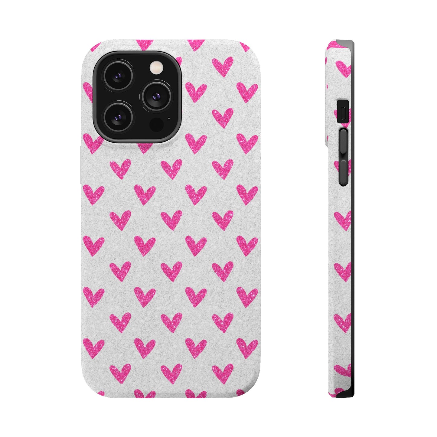 Pink Hearts on Glitter Silver – MagSafe iPhone Case