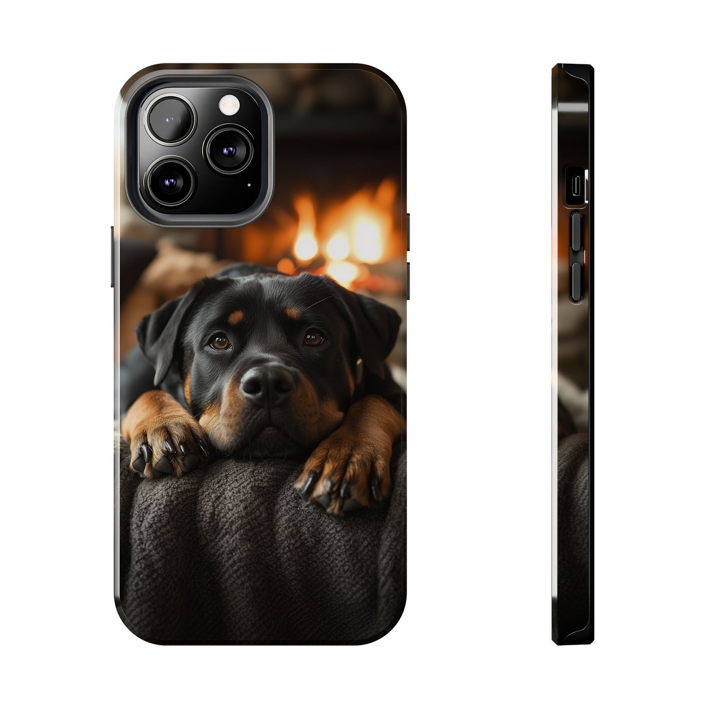 Cozy Rottweiler by the Fireplace iPhone Case – Warm Rustic Design