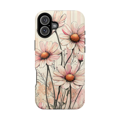 Pastel Pink Daisy MagSafe iPhone Case - Elegant Floral Plaid Protective Cover