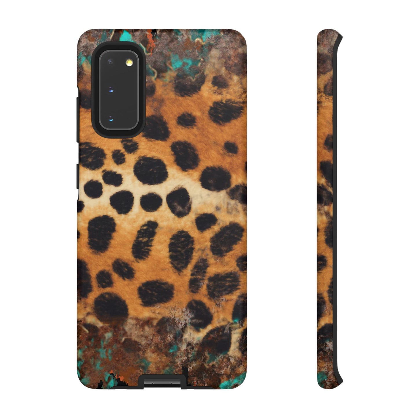 Rustic Leopard Print Tough Samsung Galaxy Case – Distressed Turquoise and Animal Pattern with Dual-Layer Protection