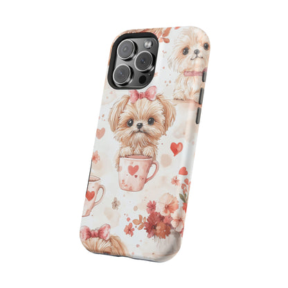 Puppies & Heart Mugs MagSafe iPhone Case – Sweet Dog & Floral Design, Shockproof & Slim