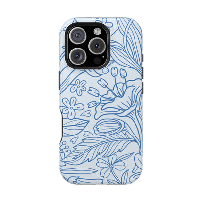 Dusty Blue Floral Line Art Tough MagSafe iPhone Case – Minimalist Botanical Design with Dual-Layer Protection