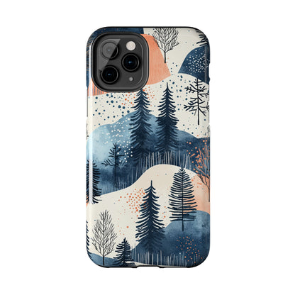 Serene Winter Forest iPhone Case – Tough Protective Cover with Watercolor Pine Tree Covered Mountains - BOGO Cases