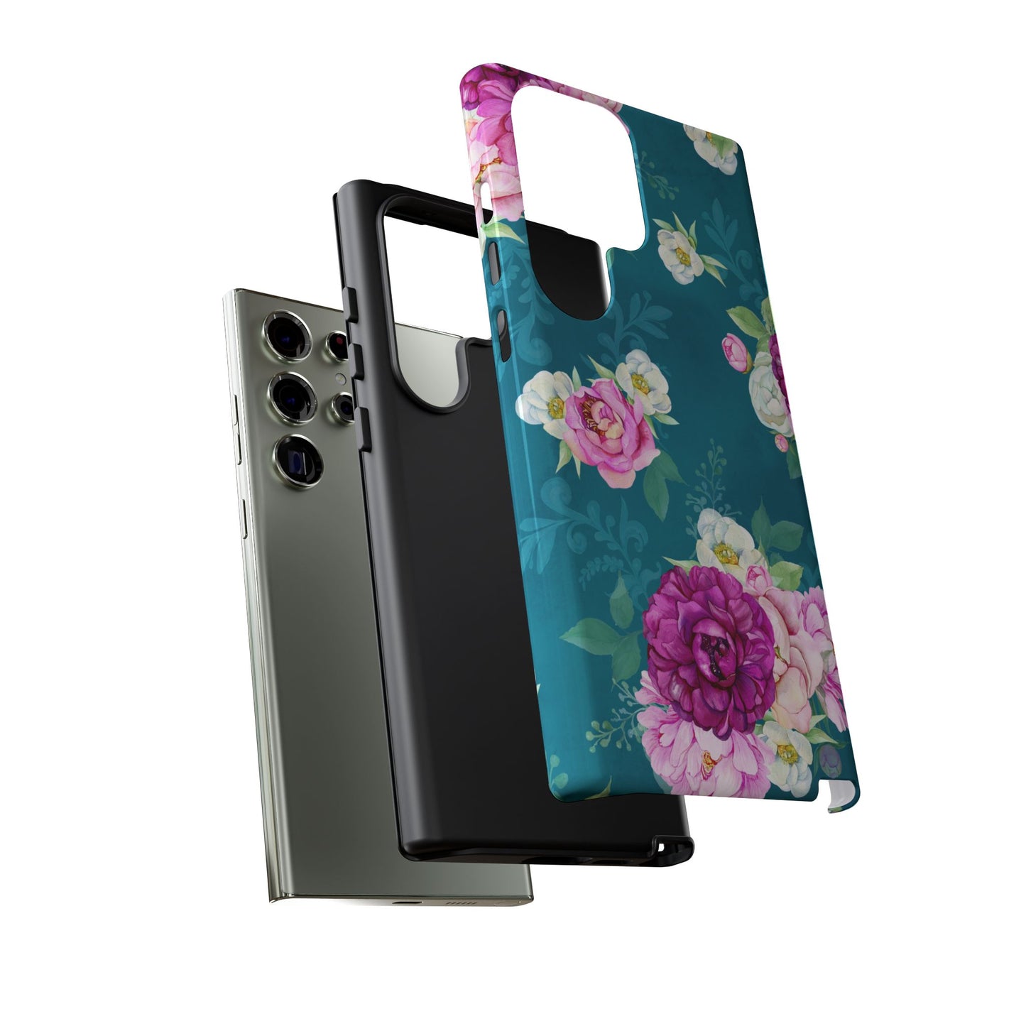 Elegant Peony Bouquet Samsung Galaxy Case – Deep Teal Background with Romantic Floral Design