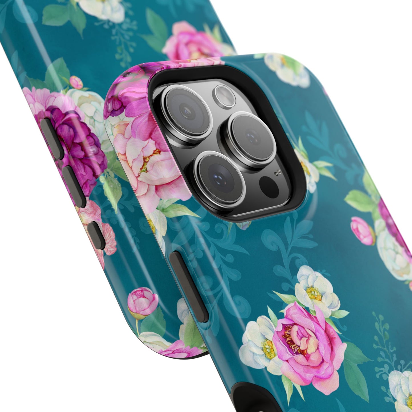 Elegant Peony Bouquet MagSafe iPhone Case – Deep Teal Background with Romantic Floral Design