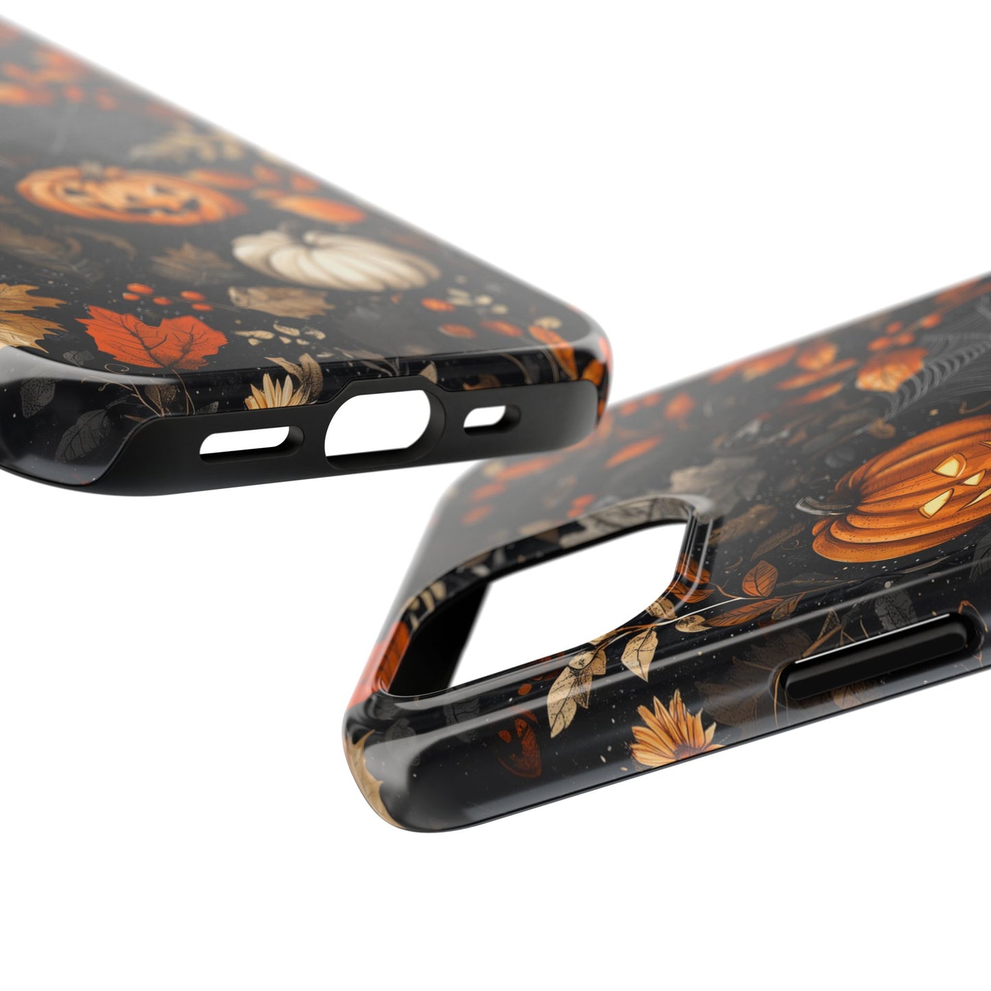 Elegant Halloween iPhone Case – Pumpkin Jack-o'-Lanterns, Cobwebs & Autumn Foliage Design