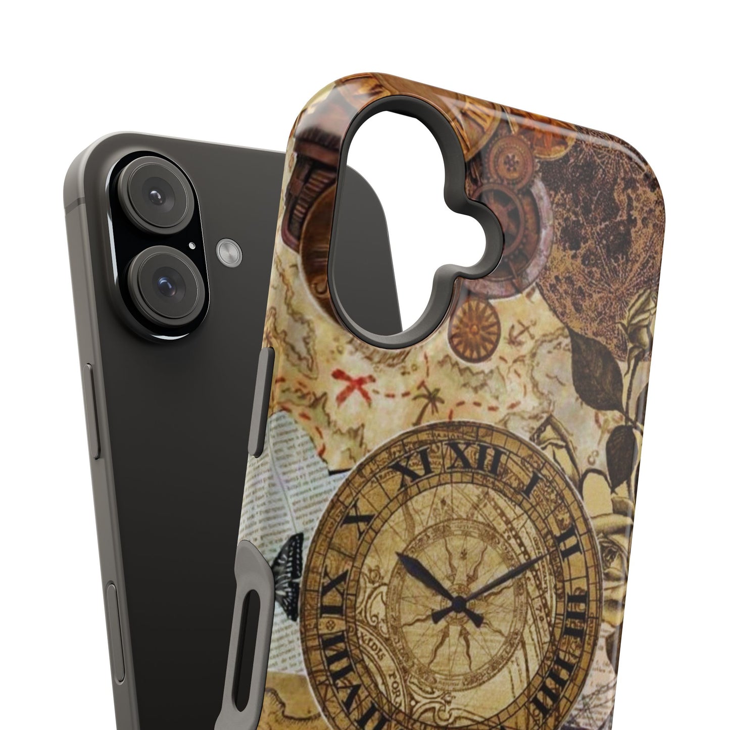 Steampunk Vintage Adventure MagSafe iPhone Case – Dual-Layer Protection with Antique Map and Clock Design