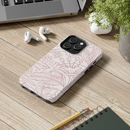 Blush Floral Line Art Tough iPhone Case – Delicate Minimalist Design with Dual-Layer Protection