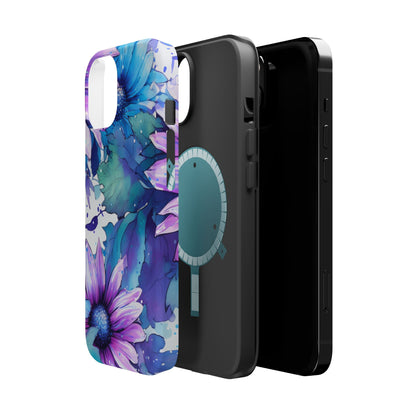 Purple & Teal Watercolor Floral MagSafe iPhone Case - Artistic Flower Design