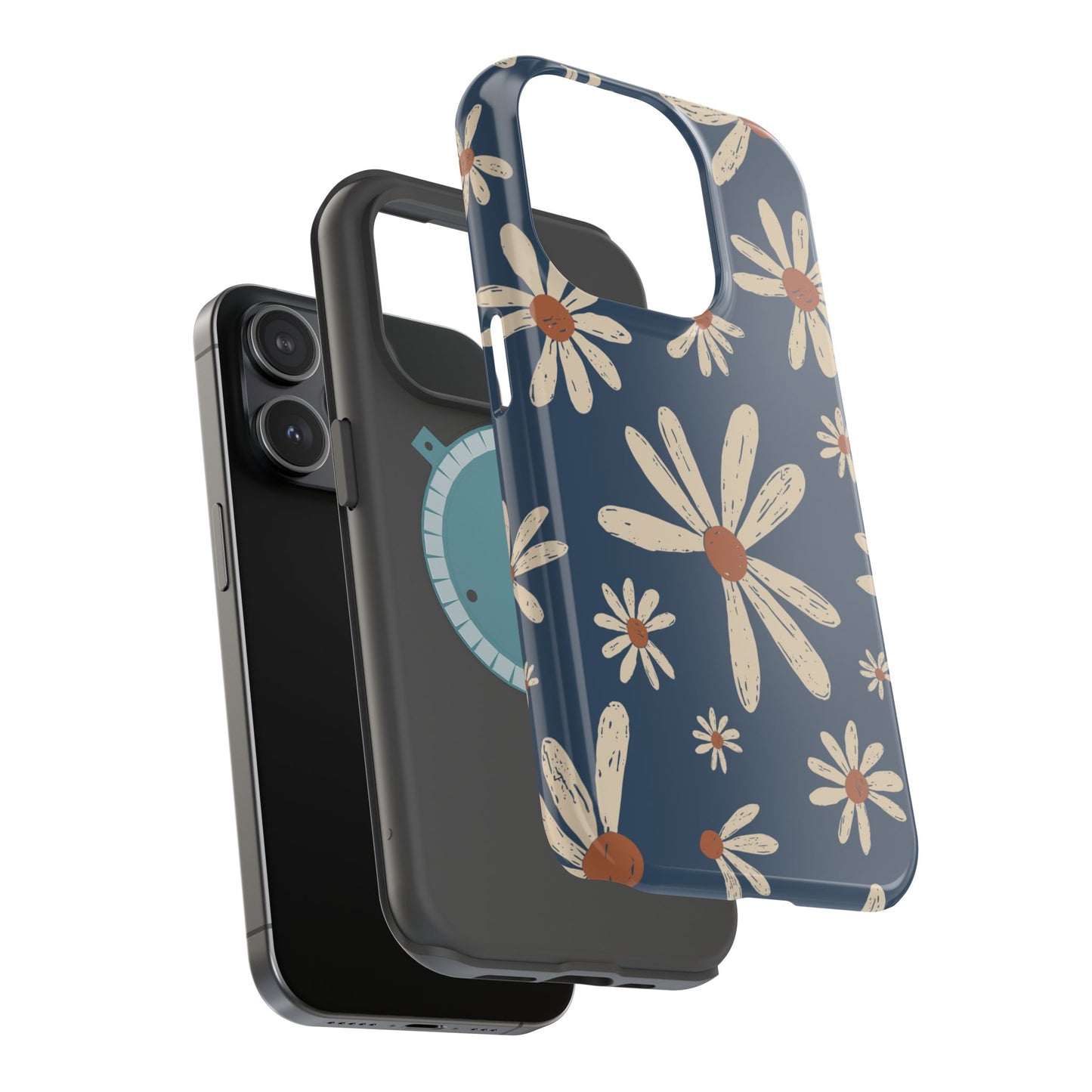 Vintage Daisies MagSafe iPhone Case – Navy Blue Floral Design, Scratch-Resistant with Shock-Absorbing Bumper