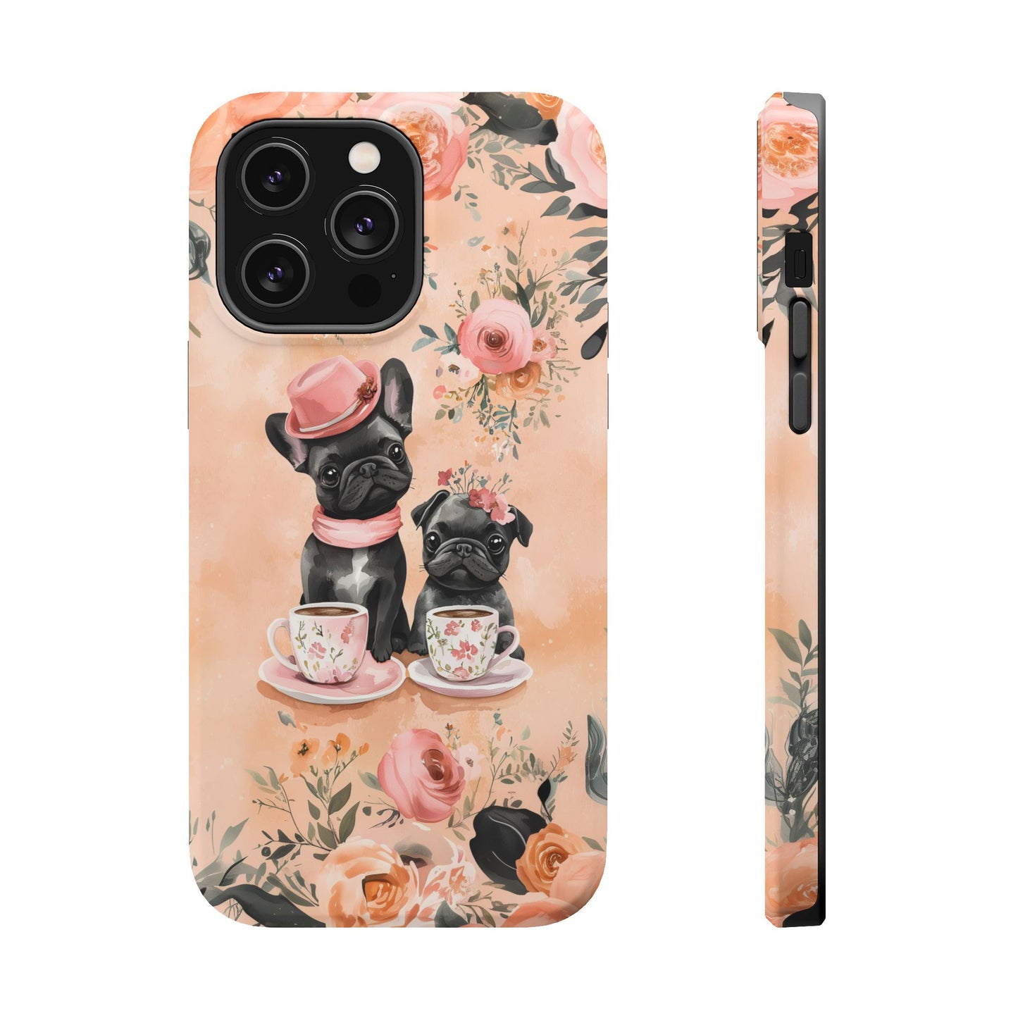 Floral French Bulldogs MagSafe iPhone Case – Elegant Dog Design with Tea Cups & Roses, Shockproof Protection