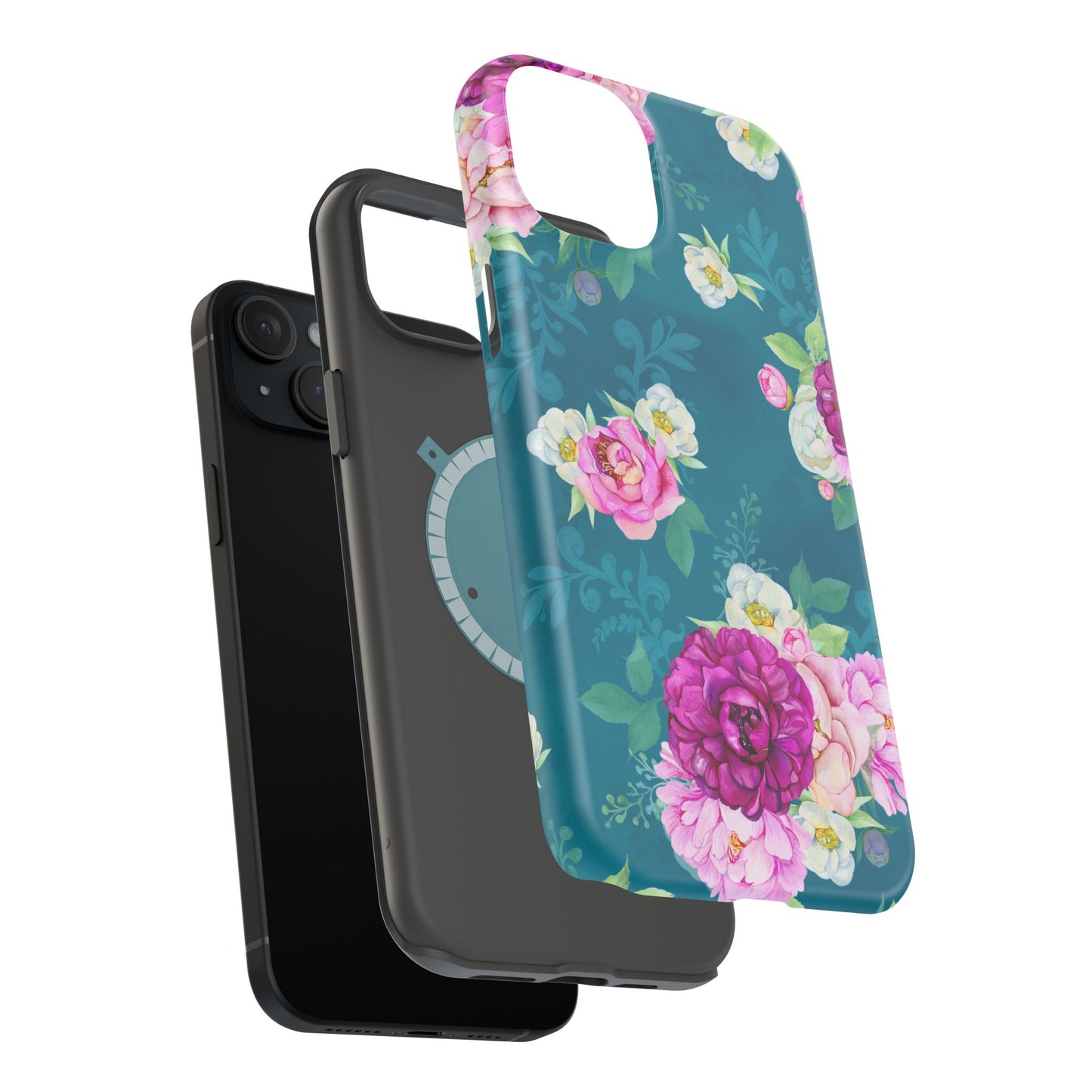 Elegant Peony Bouquet MagSafe iPhone Case – Deep Teal Background with Romantic Floral Design