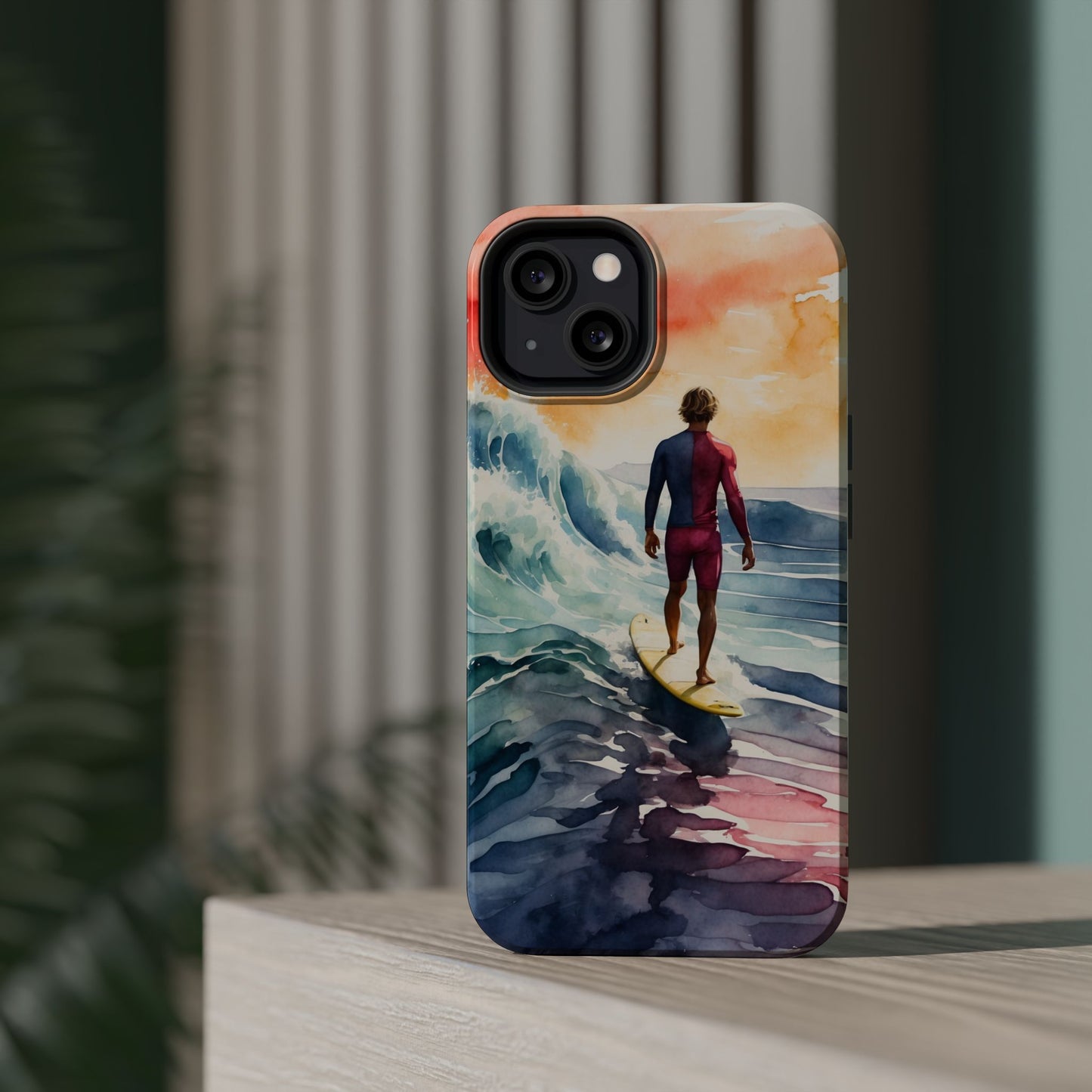 Surfer’s Sunset Wave MagSafe iPhone Case – Vibrant Watercolor Design