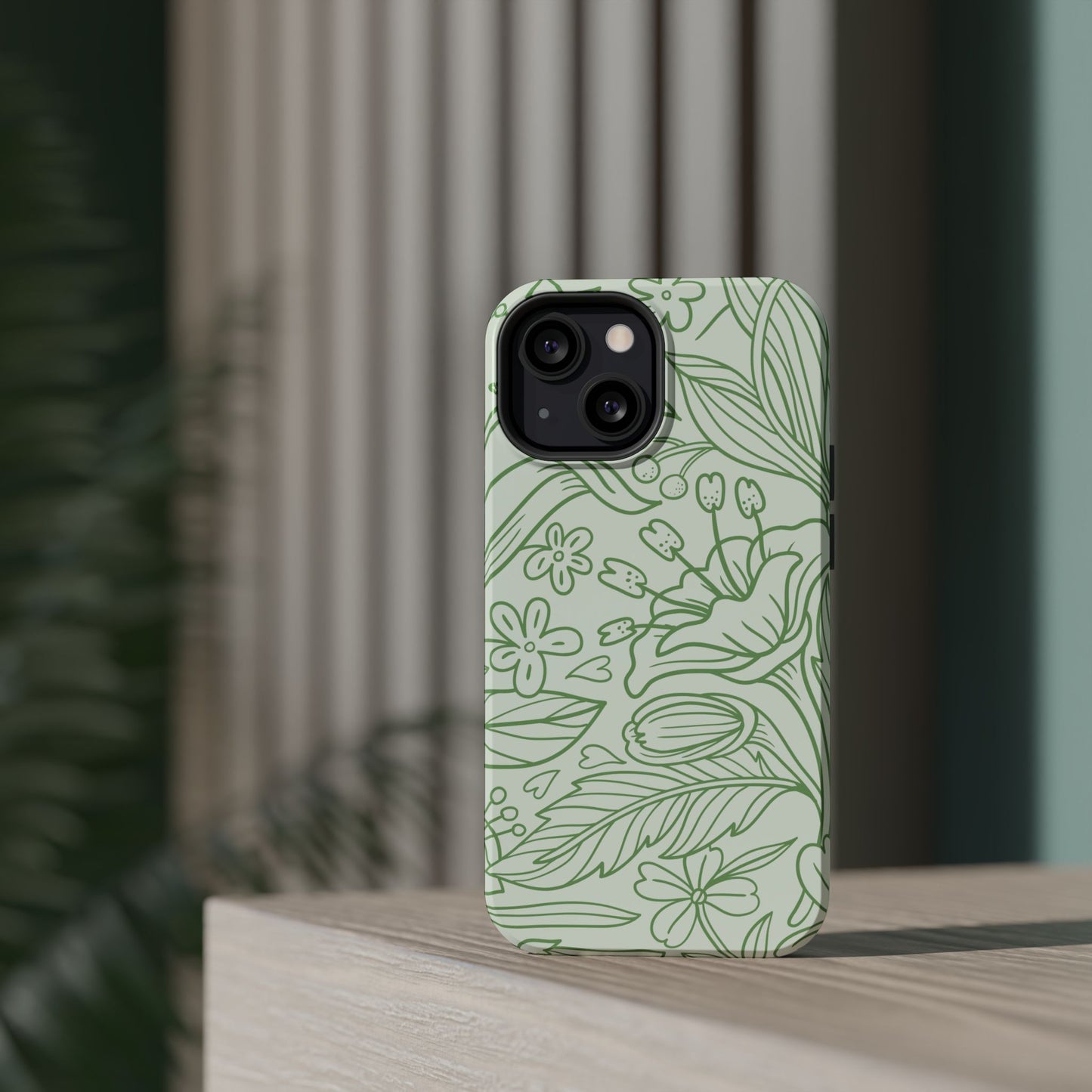 Sage Green Floral Line Art Tough MagSafe iPhone Case – Minimalist Botanical Design with Dual-Layer Protection