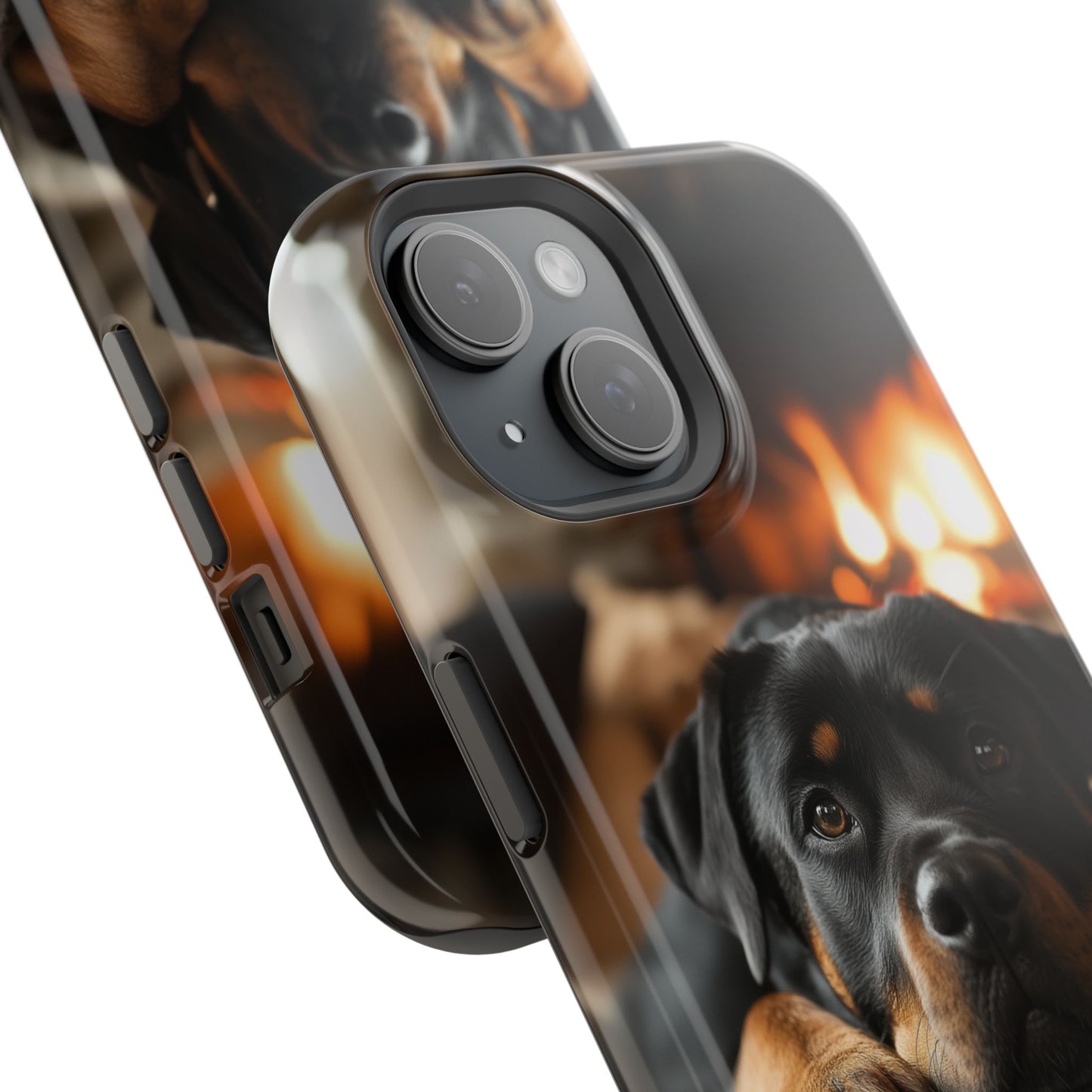 Cozy Rottweiler by the Fireplace MagSafe iPhone Case – Warm Rustic Design