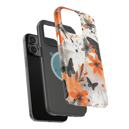 Orange Blossom & Black Butterfly MagSafe iPhone Case – Bold Floral Pattern with Modern Abstract Style