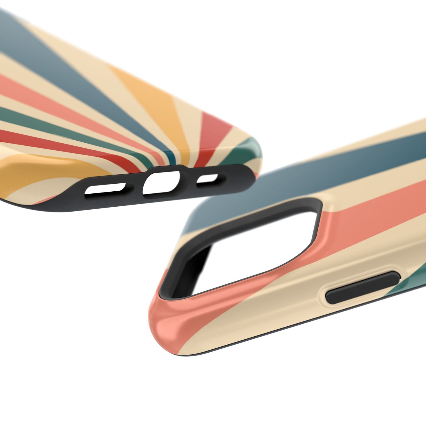 Retro Sunbeam MagSafe iPhone Case – 70s-Inspired Radiating Stripes in Coral, Teal, and Mustard