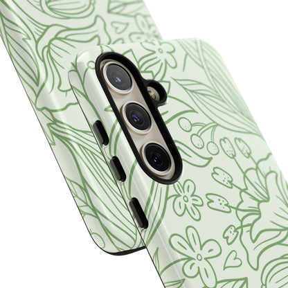 Sage Green Floral Line Art Tough Samsung Galaxy Case – Minimalist Botanical Design with Dual-Layer Protection