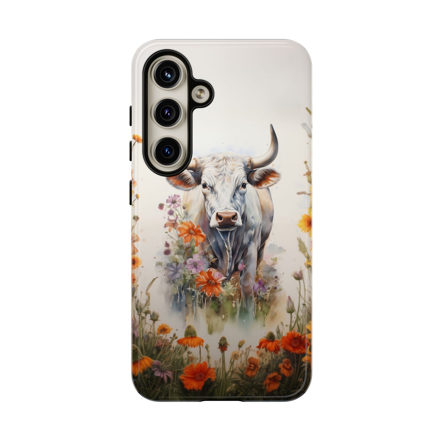 Floral Cow Phone Case - Rustic Western Watercolor Bull. For iPhone, Samsung Galaxy, and Google Pixel Phones. Cute Gift For Any Cow Lover. - BOGO Cases